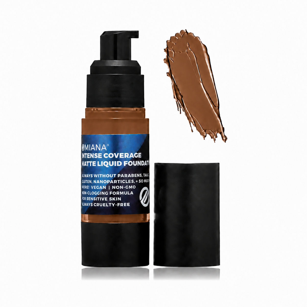 Omiana Intense Coverage Liquid Foundation in Chestnut, a medium-deep warm shade.