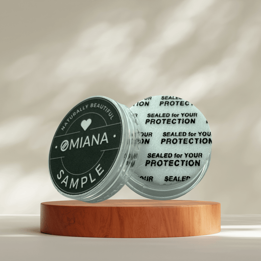 Omiana makeup sample container (with protection seal) for shade matching and ingredients sensitivity testing before purchasing full size.