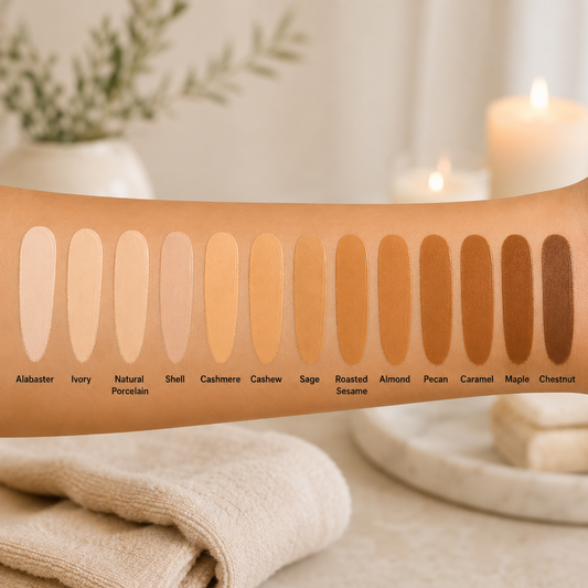 Omiana Intense Coverage Liquid Foundation shade chart with arm swatches from Alabaster to Chestnut for fair, medium, tan, and deep skin tones.